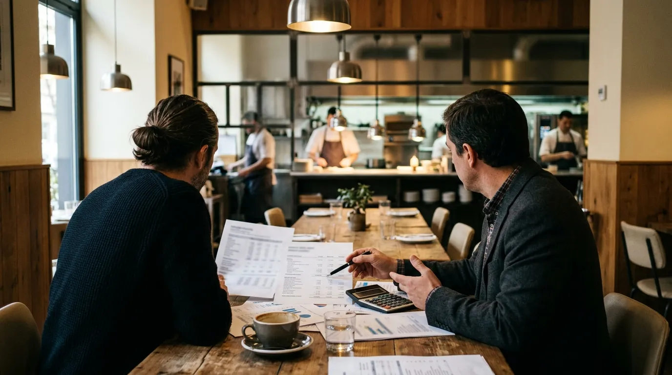 Propietario de un restaurante y consultor gastronómico revisando cifras y presupuesto en una mesa del comedor de un restaurante de Madrid
