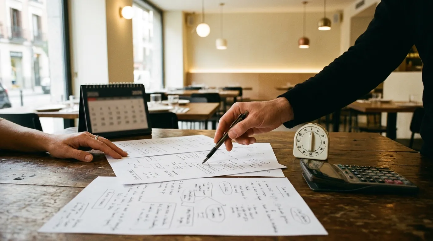 Consultor gastronómico y propietaria de un restaurante comparando opciones de contratación sobre una mesa con documentos y una calculadora