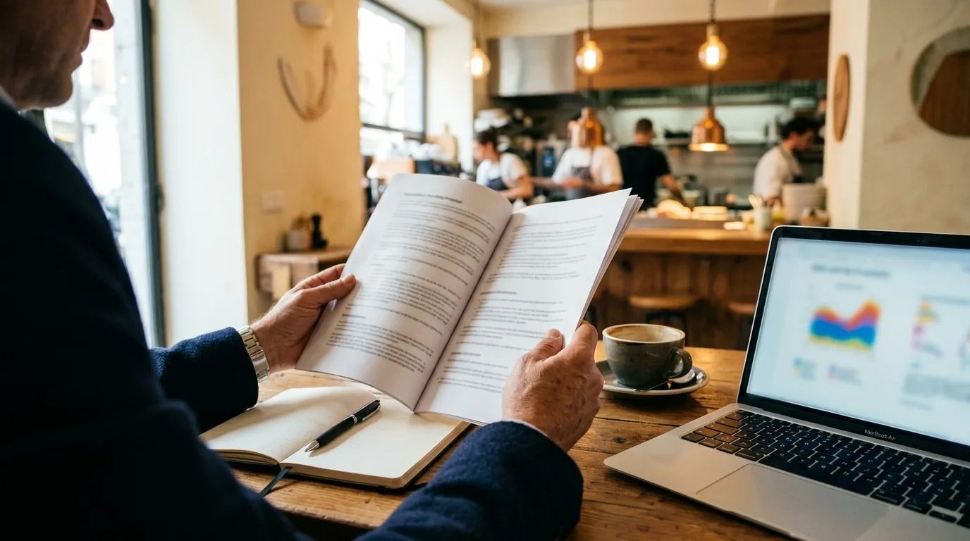 Propietario de un restaurante revisando con un consultor una propuesta impresa en una mesa del comedor antes del servicio