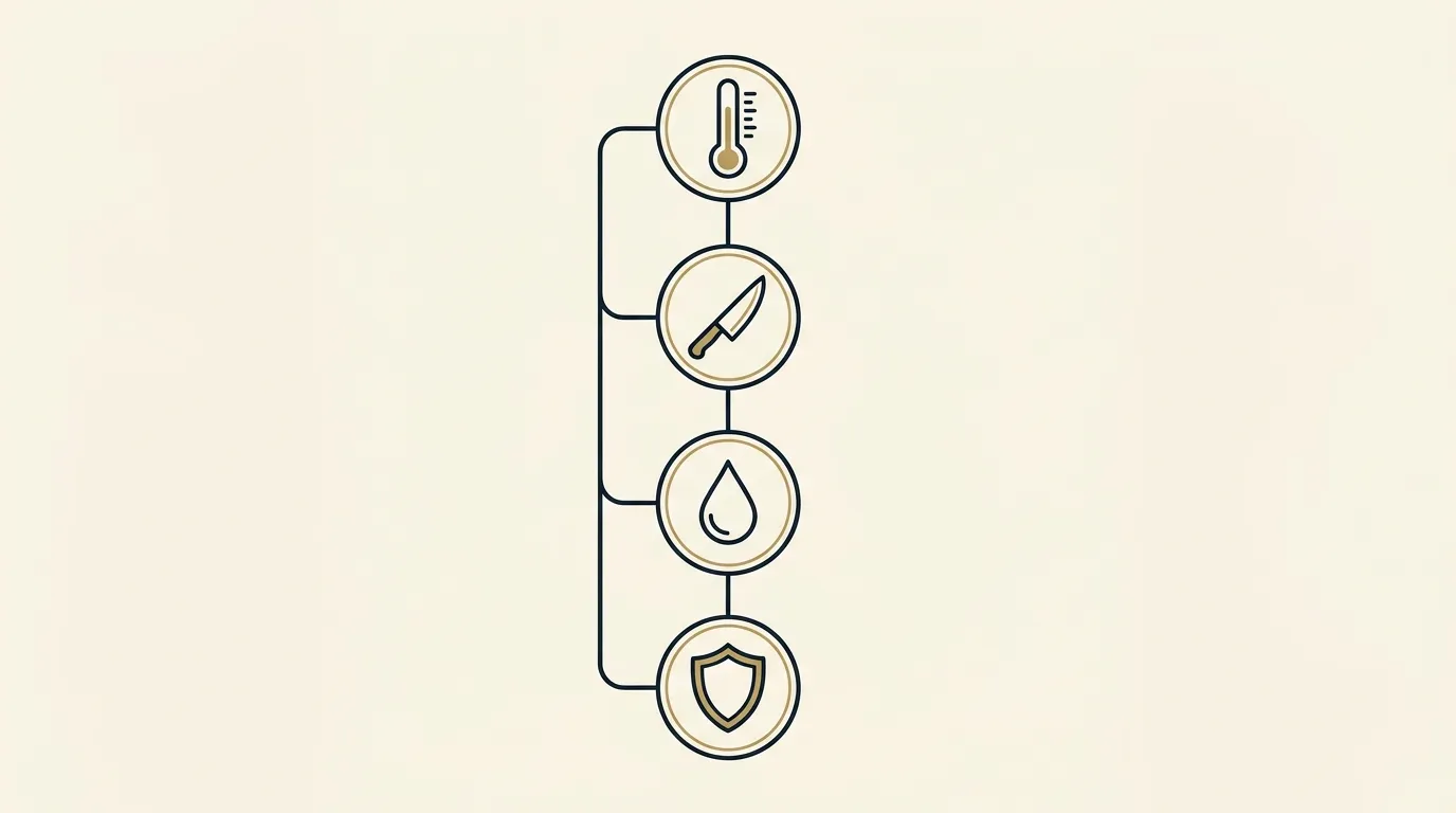 Ilustración conceptual de un árbol de decisiones de cuatro nodos con iconos de termómetro, cuchillo, gota y escudo