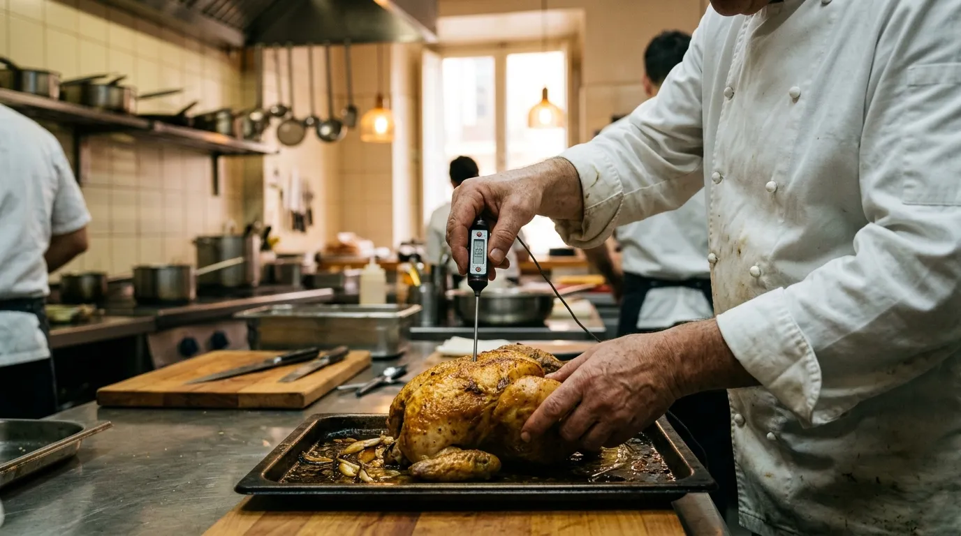 Cocinero profesional comprobando con un termómetro de sonda la temperatura en el centro de un asado en la cocina de un restaurante