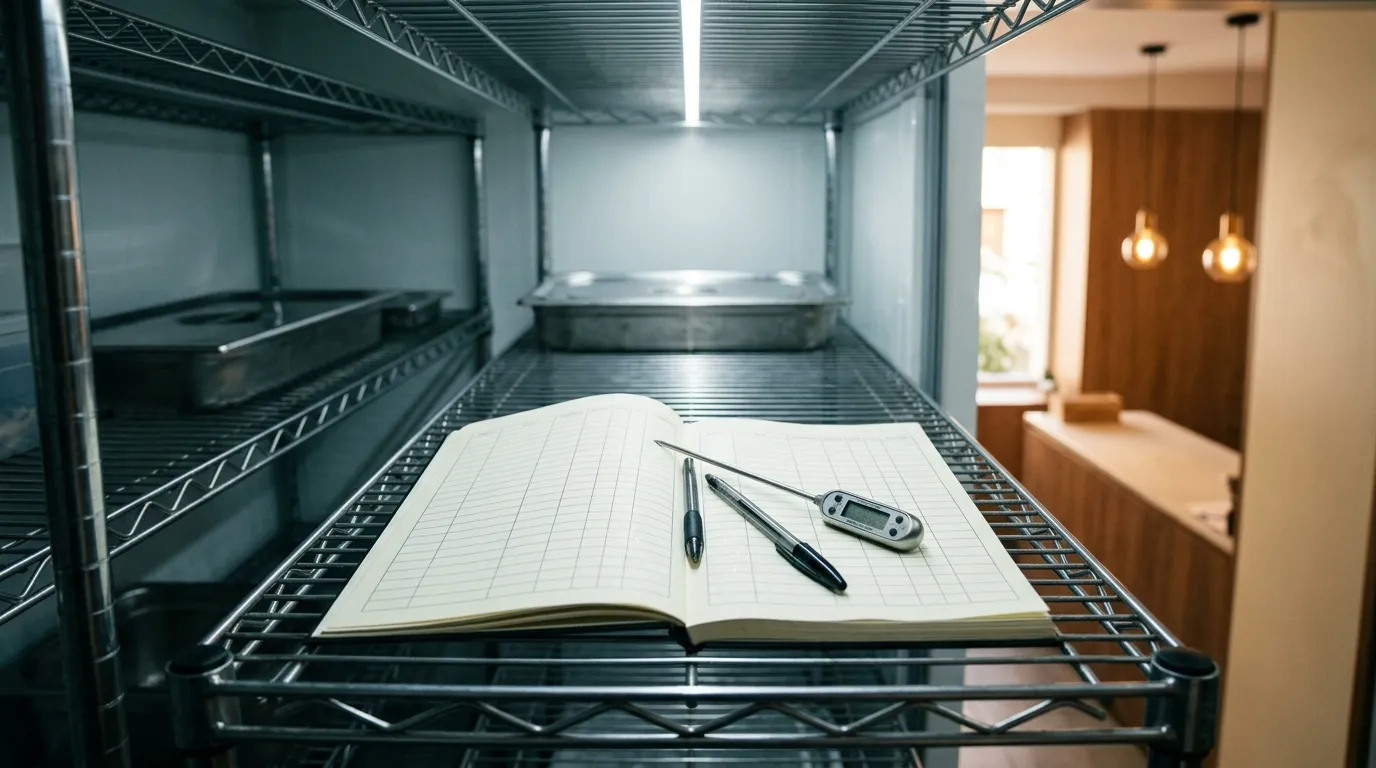 Cuaderno de registros de vigilancia abierto junto a un termómetro de sonda y una bandeja de alimentos en una cámara frigorífica