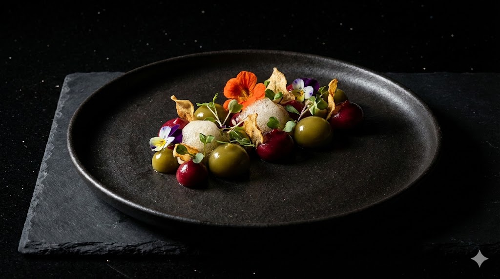 Esferificaciones de aceite de oliva y flor de temporada