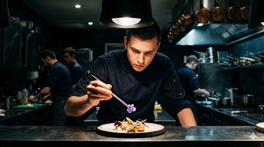 Chef emplatando en directo en la pase