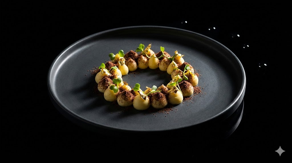 Crema de yuzu con tierra de cacao y microbrotes