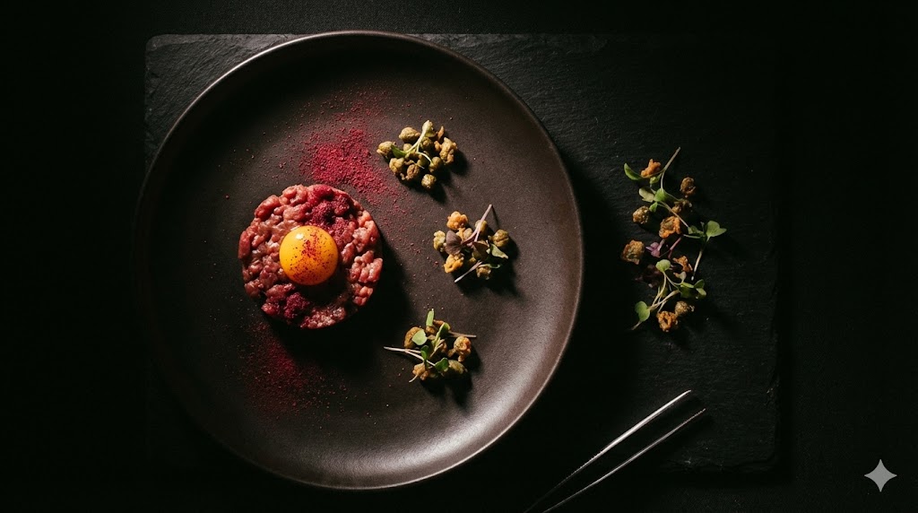 Tartar deconstruido con polvo de remolacha