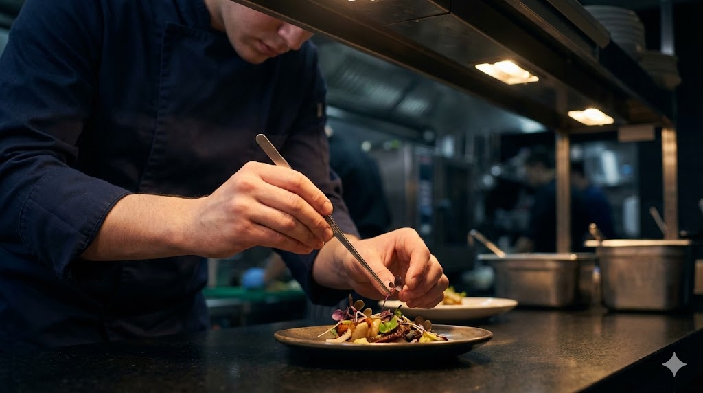 Manos del chef finalizando el emplatado con pinzas
