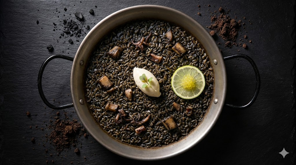 Paella de arroz negro con calamares y pulpo con toques cítricos