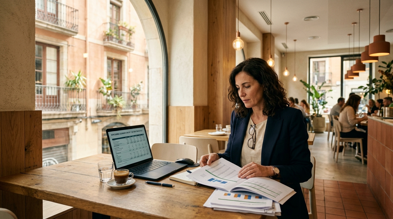 Consultora gastronómica analizando datos financieros en un restaurante de Barcelona