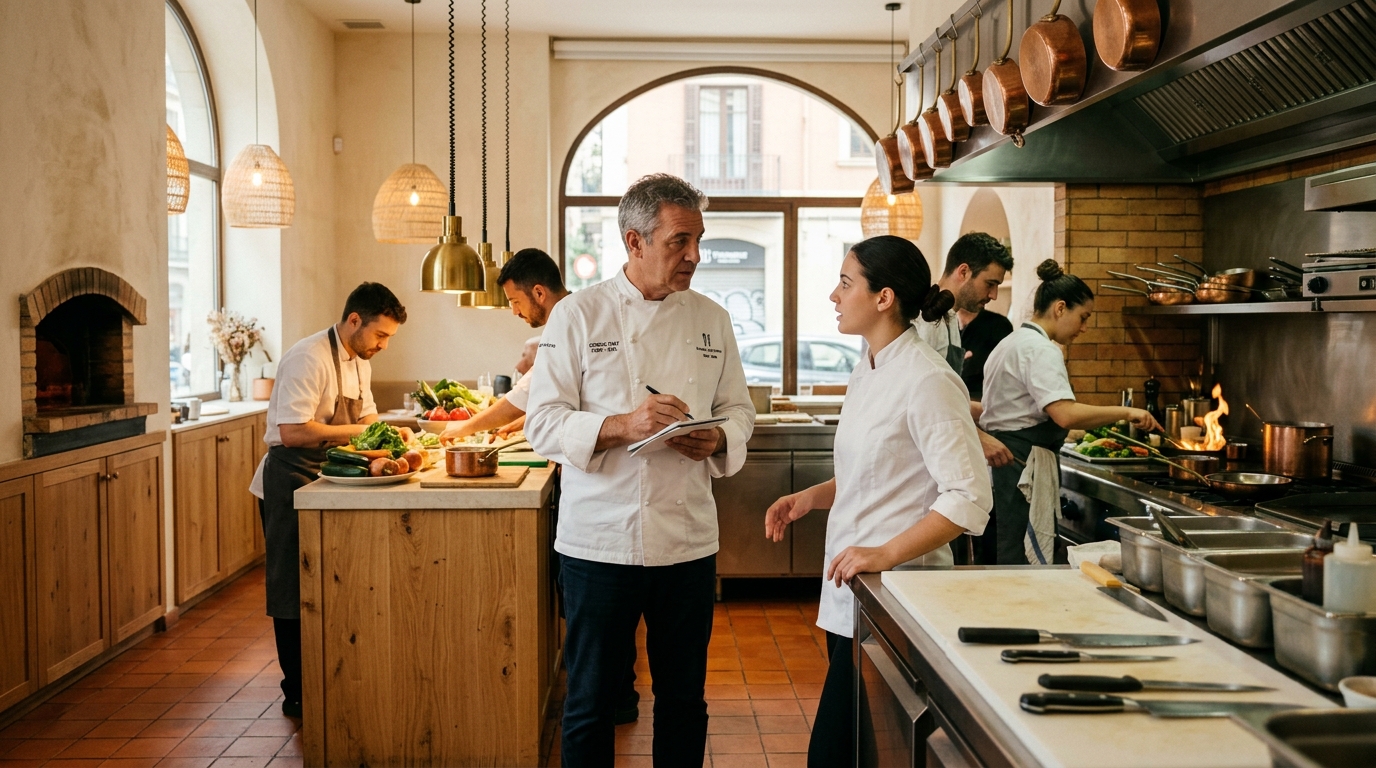 Consultor gastronómico inspeccionando cocina de restaurante en Barcelona