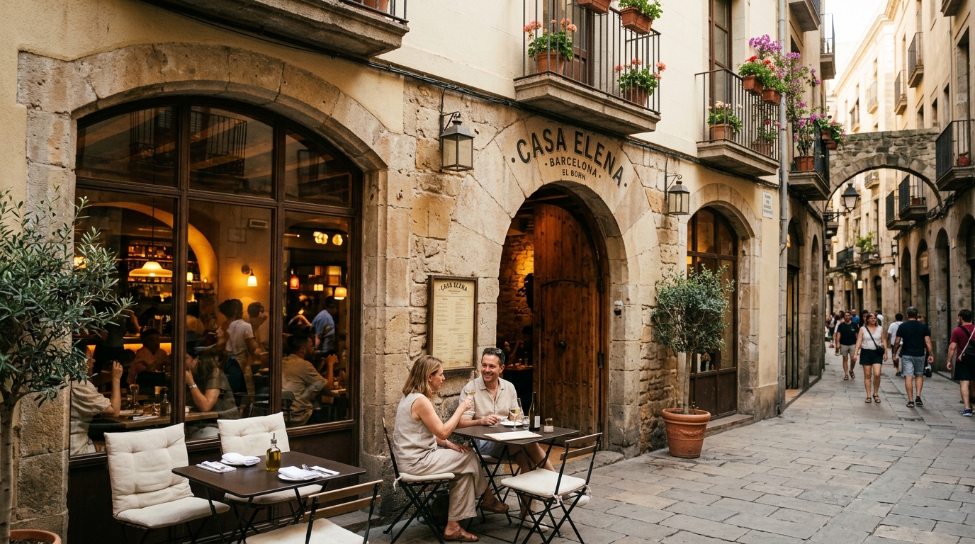 Fachada de restaurante moderno en el barrio del Born de Barcelona con terraza