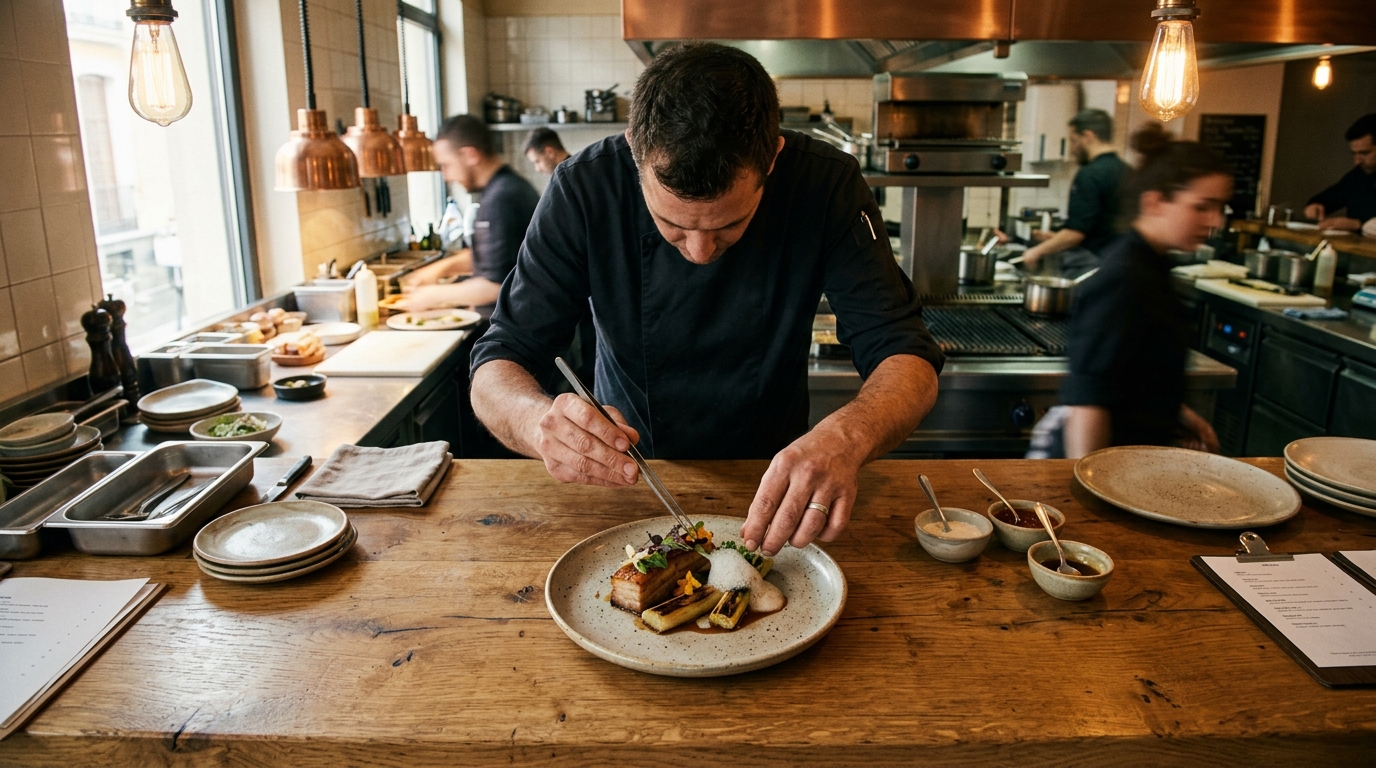 Chef consultor emplatando plato en cocina profesional de restaurante en Madrid