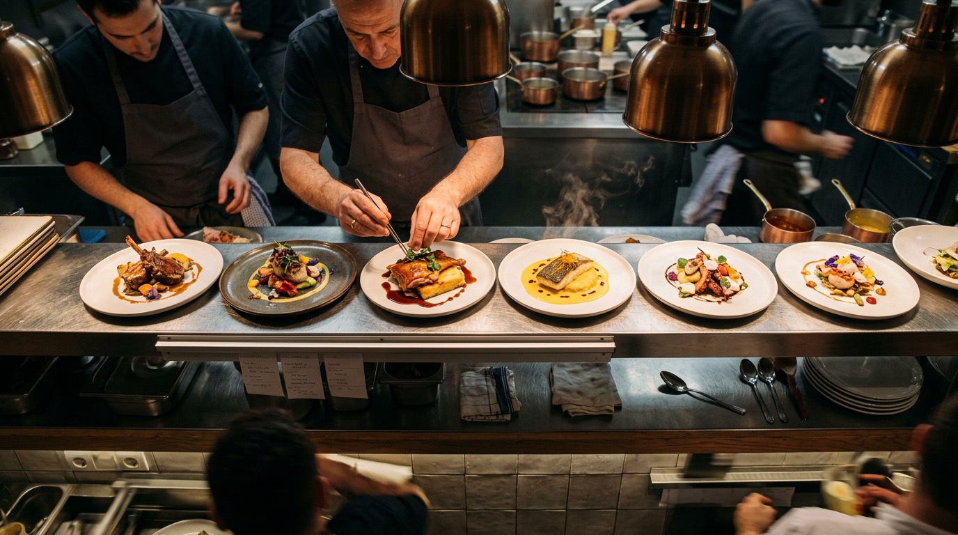 Cocina de restaurante con platos listos para servir