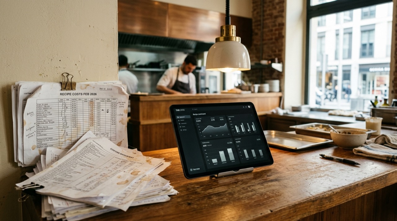 Tablet con un panel de costes digital junto a hojas de Excel impresas: del control en papel al recetario digital Miselup