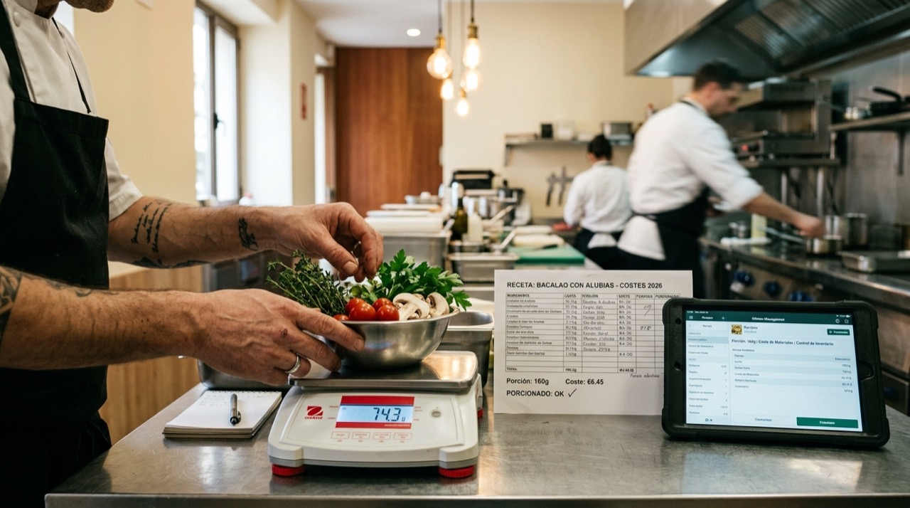 Chef pesando ingredientes en una báscula de precisión junto a una ficha de escandallo de costes