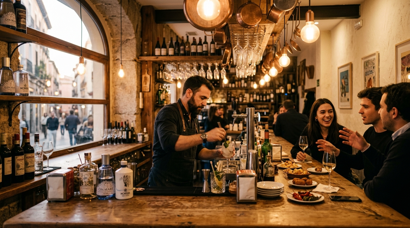 Interior de bar de tapas moderno en Madrid con barra de madera y ambiente cálido