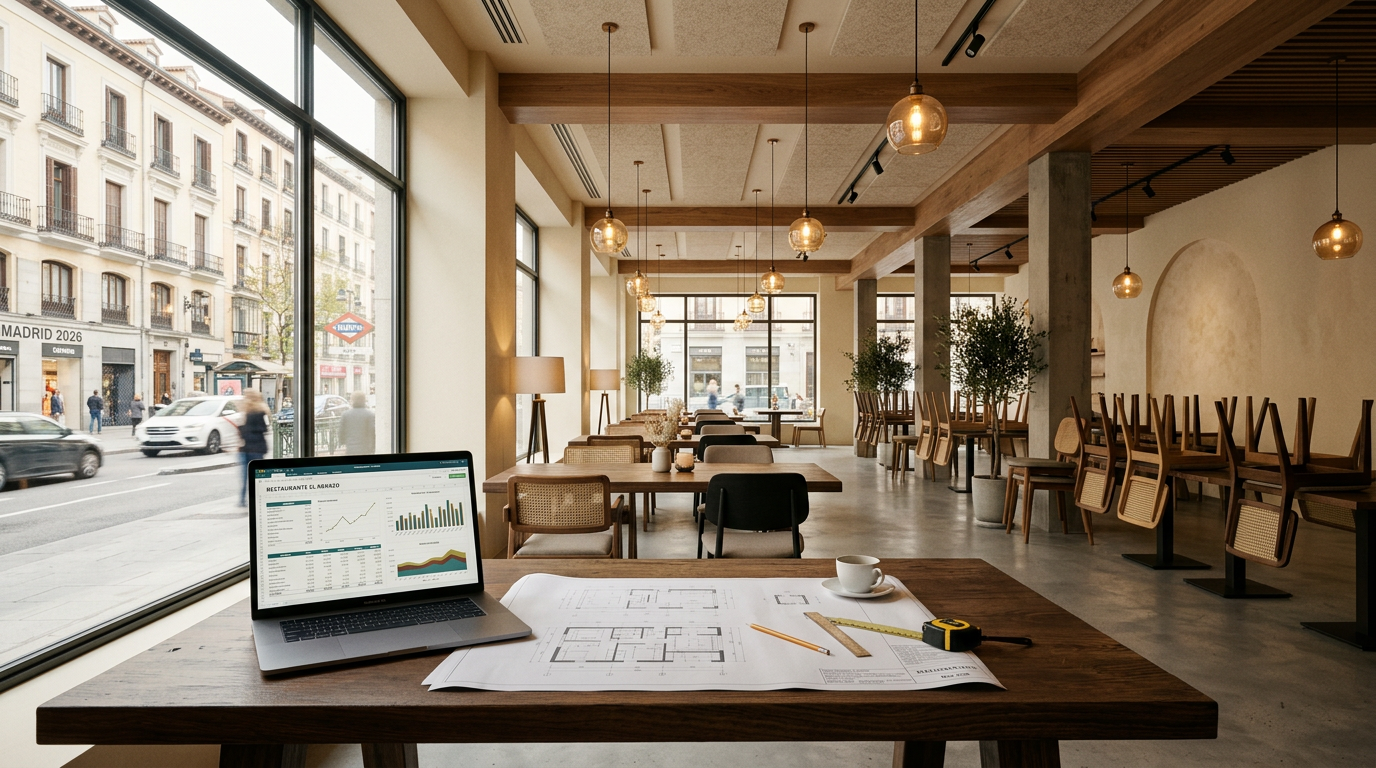 Espacio de restaurante en Madrid en fase de planificación con planos arquitectónicos y análisis financiero