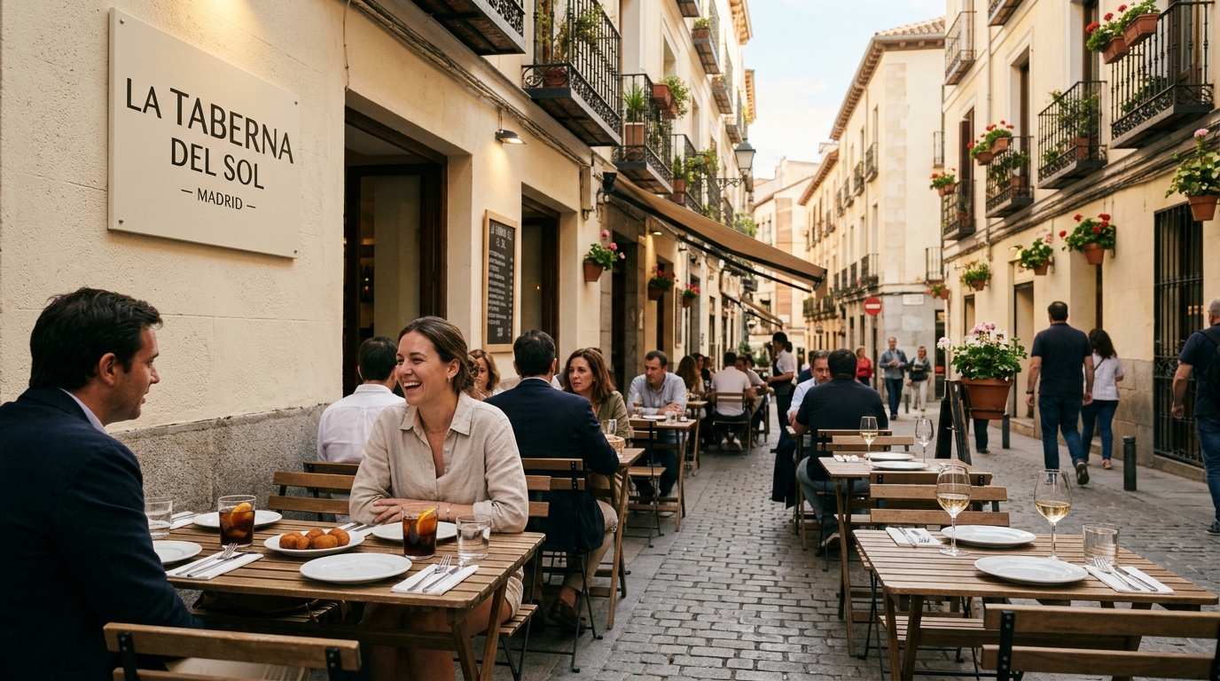 Terraza de restaurante en una calle de Madrid con ambiente cálido y arquitectura clásica