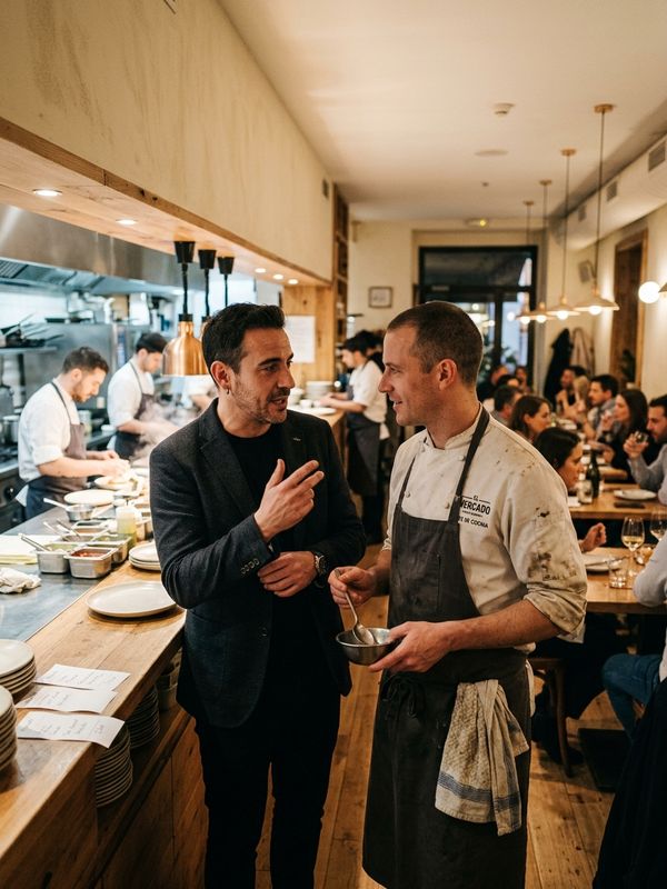 Consultor gastronomico y chef profesional revisando operaciones en un restaurante de Madrid