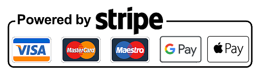 Powered by Stripe — Visa, Mastercard, Apple Pay, Google Pay